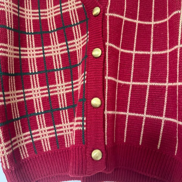 Vintage knit plaid Christmas holiday preppy gift cardigan red grandpa sweater - Picture 5 of 16